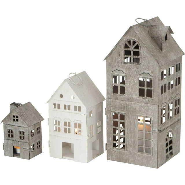 Americana Main Street Town House Candle Lanterns, Set of 3, Vintage Style, Weathered White and Rustic Gray, Metal, Hinged Doors, 14 1/2, 8 3/4 and 5 1/8 Inches Tall