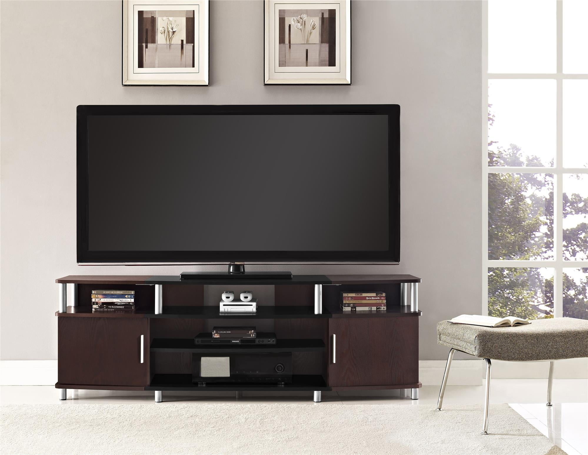 Ameriwood Home Carson TV Stand fits up to 70" with Multiple Open Shelves, Cherry and Black