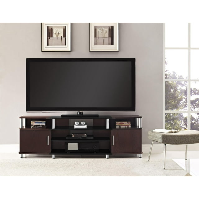 Ameriwood Home Carson TV Stand fits up to 70" with Multiple Open Shelves, Cherry and Black