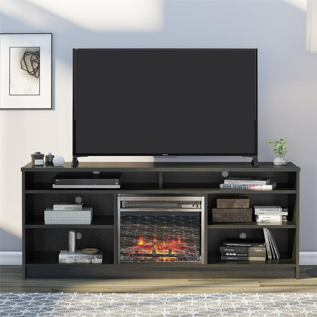 Ameriwood Home Hendrix Electric Fireplace Space Heater TV Stand for TVs up to 65" with 6 Shelves, Black Oak
