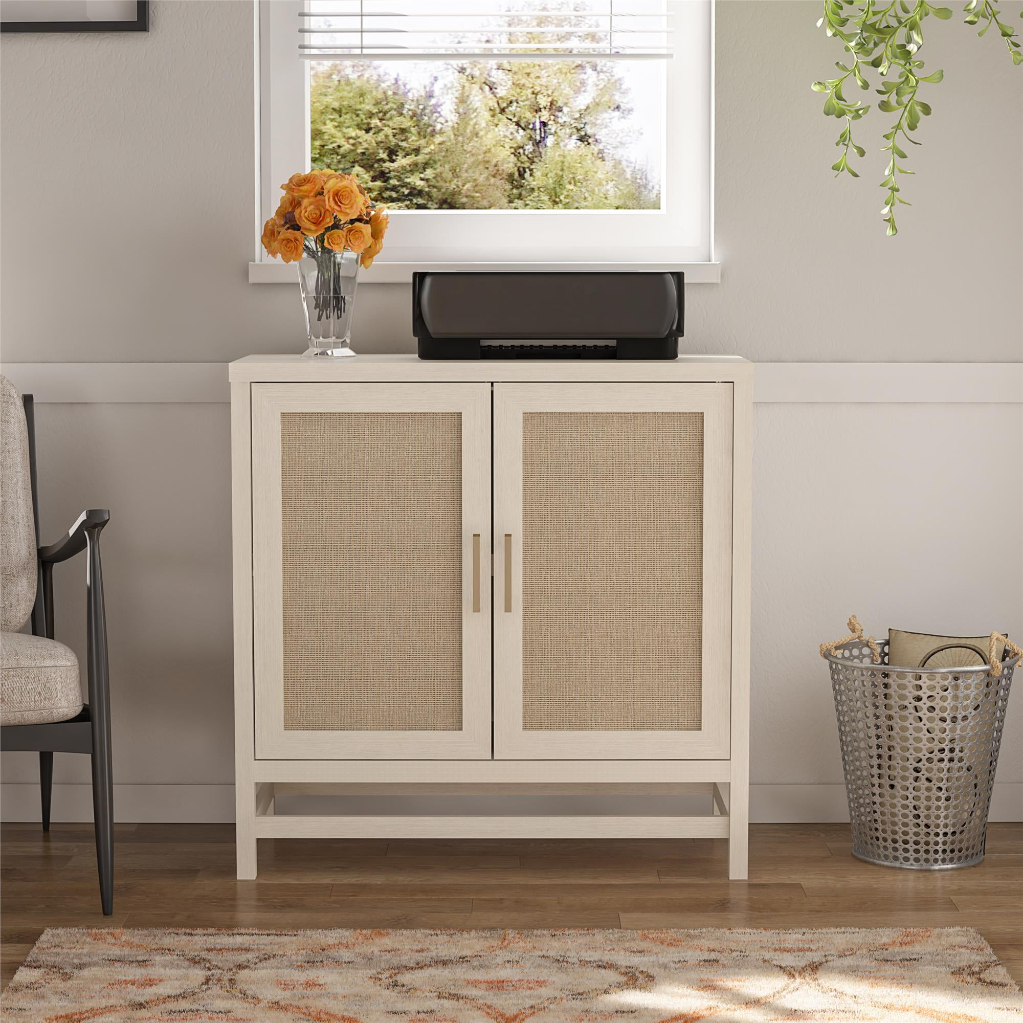 Ameriwood Home Lennon 2 Door Storage Cabinet, Ivory Oak and Faux Rattan