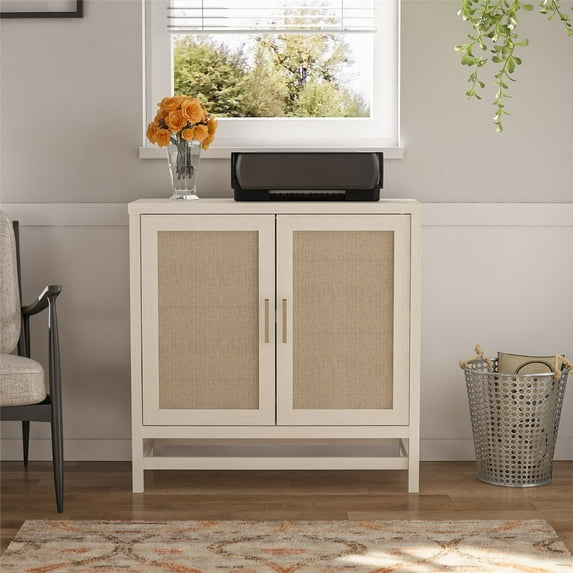 Ameriwood Home Lennon 2 Door Storage Cabinet, Ivory Oak and Faux Rattan