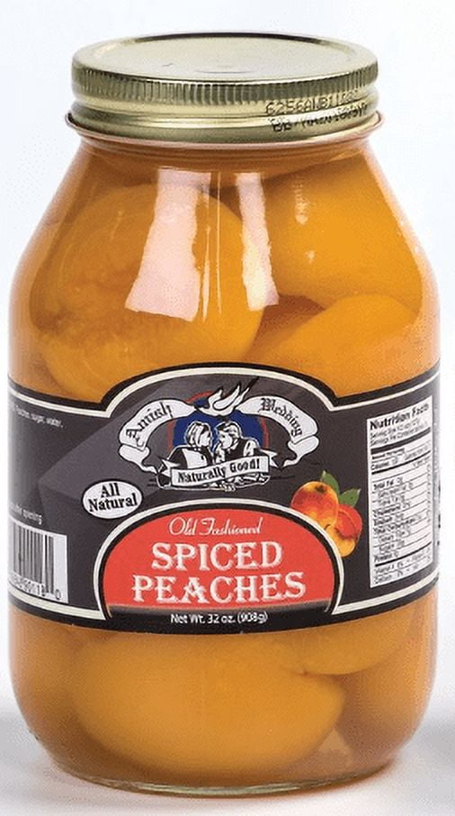 Amish Wedding Ready to Eat Peaches, USA Made 32 ounce Glass Jar, No Preservatives, Spiced Flavor