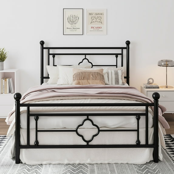 Amolife Full Size Metal Platform Bed Frame with Vintage Cross Pattern Headboard&Footboard, Black