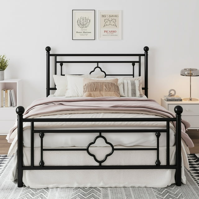 Amolife Full Size Metal Platform Bed Frame with Vintage Cross Pattern Headboard&Footboard, Black