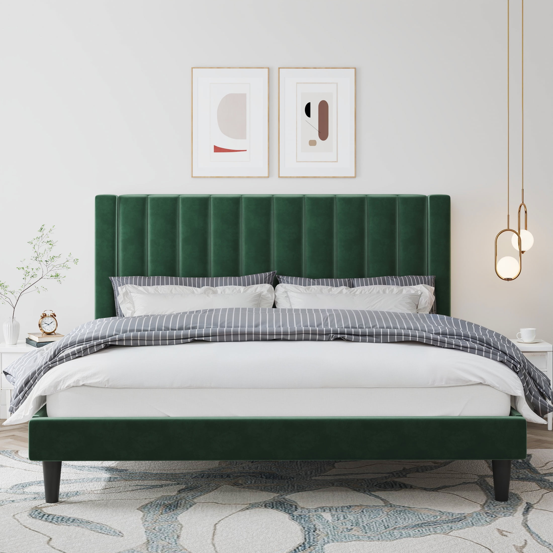 Allewie Queen Velvet Upholstered Bed Frame with Vertical Channel Tufted Headboard, Green