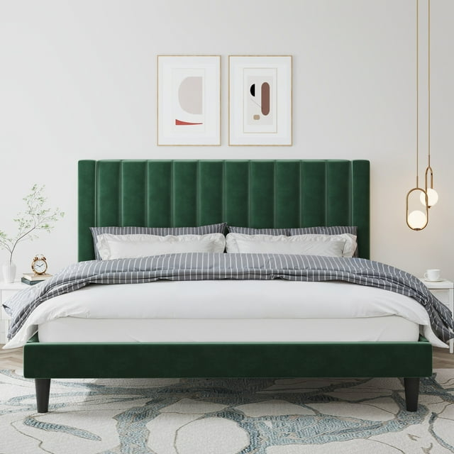 Allewie Queen Velvet Upholstered Bed Frame with Vertical Channel Tufted Headboard, Green