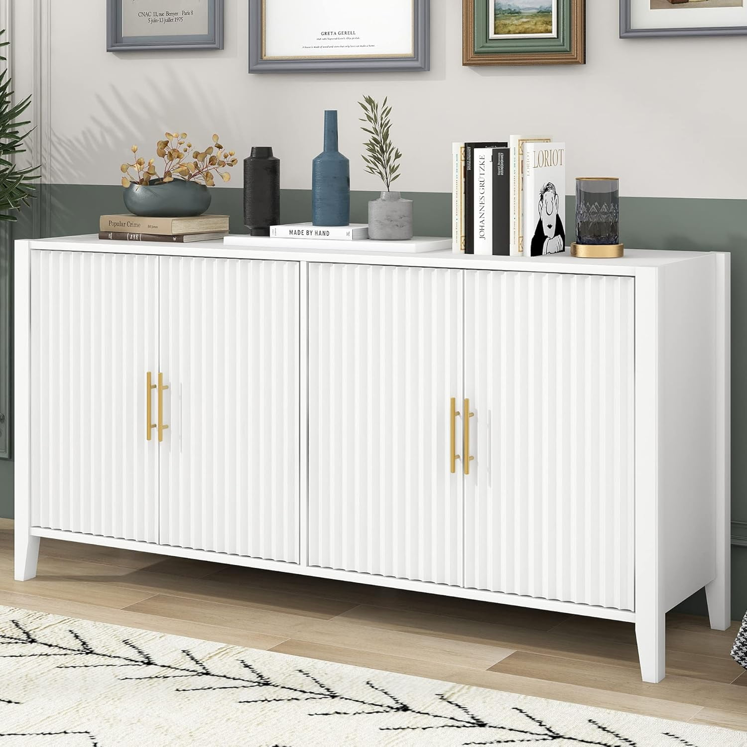 Lunale 48" 3-Door Storage Buffet Cabinet, Cabinet with Vertical Stripes Design Doors and Metal Handles for Living Room, White