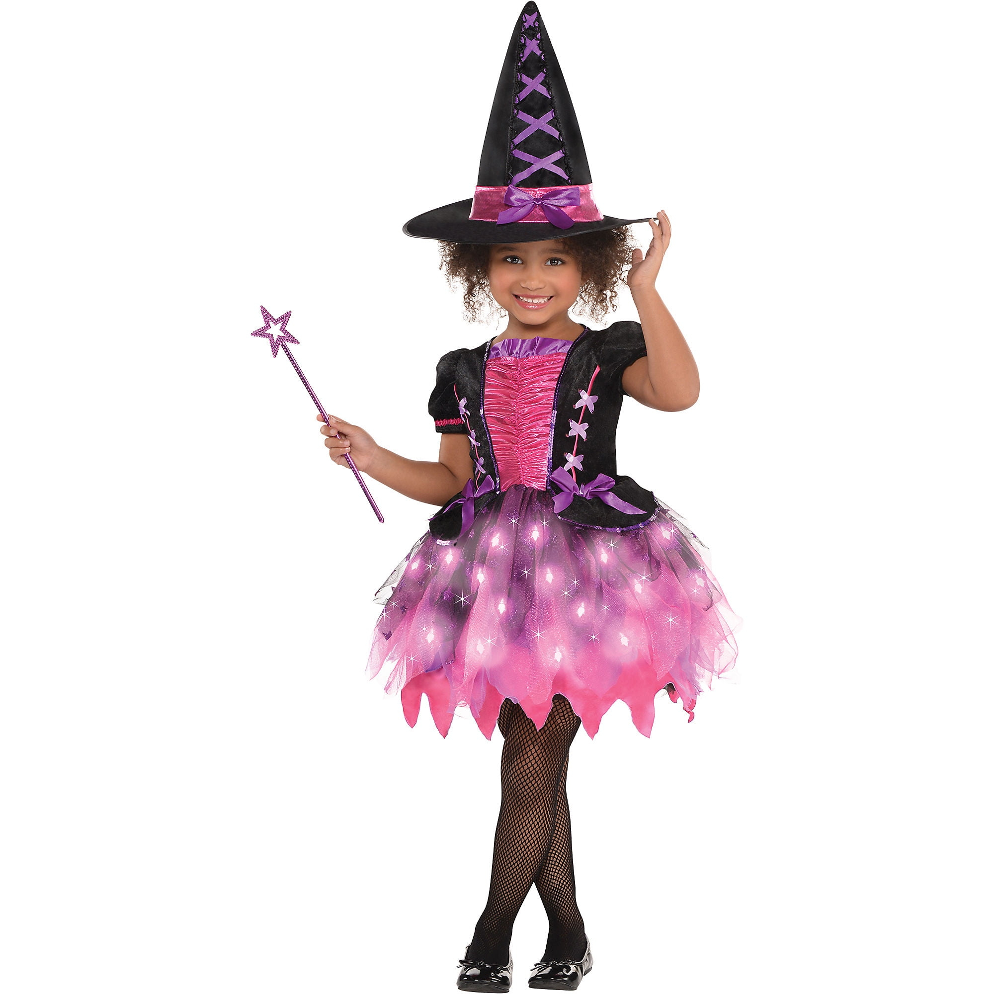 Amscan Light Up Sparkle Witch Girl's Halloween Fancy-Dress Costume with Wand including Hat, M (8-10)