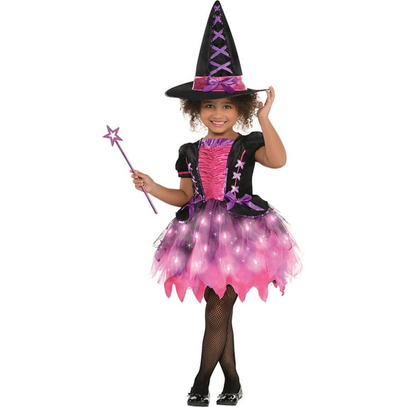 Amscan Light Up Sparkle Witch Girl's Halloween Fancy-Dress Costume with Wand including Hat, M (8-10)