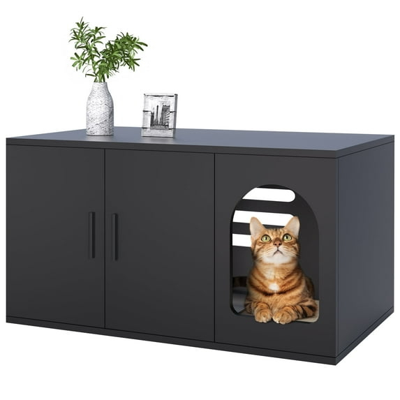 Amunrbrek Cat Litter Box Enclosure Furniture as End Side Table, Stackable Wooden Litter Box Furniture with Front-entry Cat Door , Black