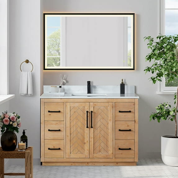 Anais 48" Wood Vanity in Light Brown with White Composite Stone Top with Mirror