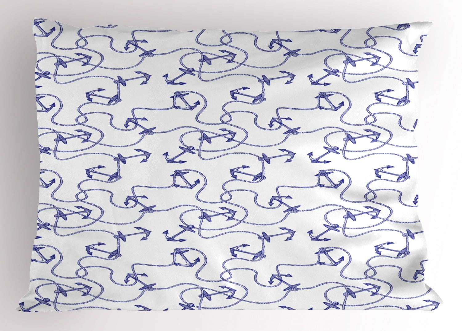 Anchor Pillow Sham Hand Drawn Anchors and Entangled Ropes Nautical Equipment Artwork Monochrome, Decorative Standard Size Printed Pillowcase, 26 X 20 Inches, Navy Blue White, by Ambesonne