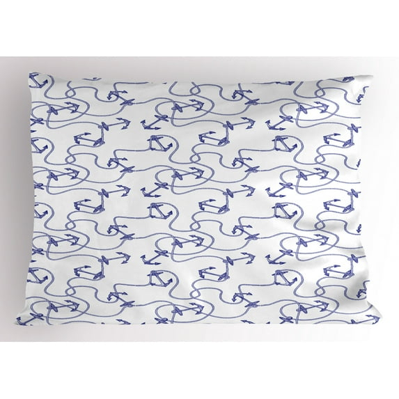 Anchor Pillow Sham Hand Drawn Anchors and Entangled Ropes Nautical Equipment Artwork Monochrome, Decorative Standard Size Printed Pillowcase, 26 X 20 Inches, Navy Blue White, by Ambesonne