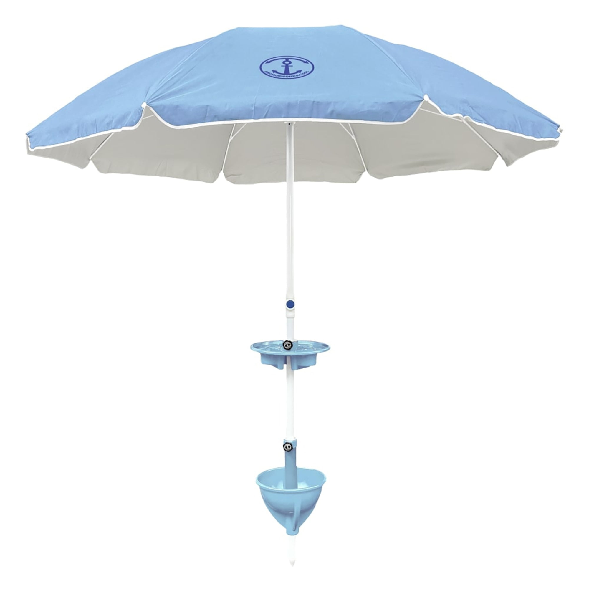 Anchor Works: Classic Beach Umbrella & AnchorONE Kit – Sky Blue - 7.5ft, Carry Bag, Sand Shovel & Drink Tray, UV-Protected, Outdoor Sun Canopy