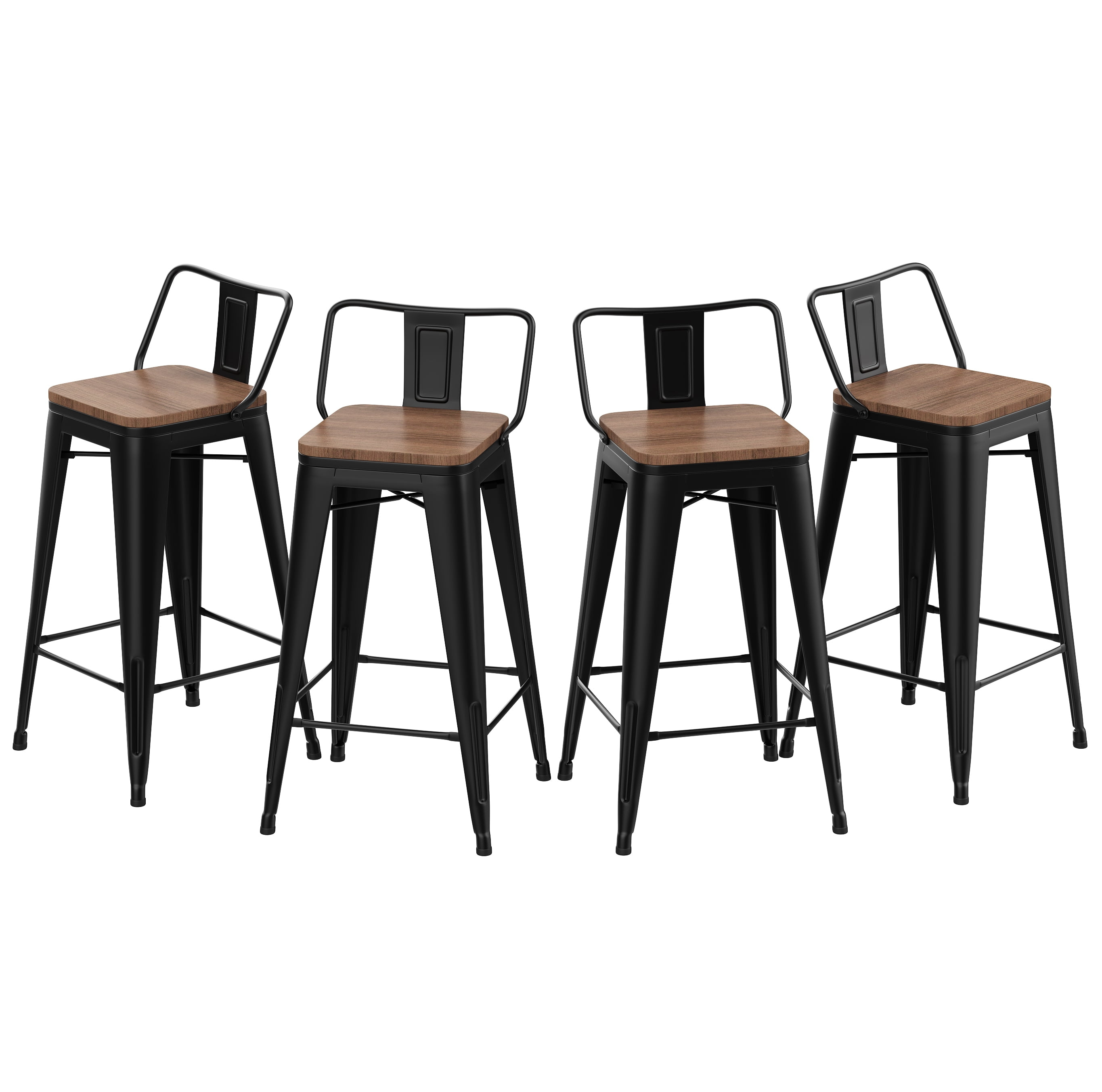Killeryuki 24'' Metal Bar Stool 4PCS Low Back Conuter Stools for Indoor/Outdoor Barstools Metal Black Stools Bar Chairs w/Wooden Seat Metal Leg Industrial Counter Height Stools Black