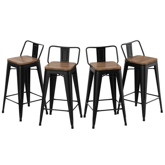 Killeryuki 24'' Metal Bar Stool 4PCS Low Back Conuter Stools for Indoor/Outdoor Barstools Metal Black Stools Bar Chairs w/Wooden Seat Metal Leg Industrial Counter Height Stools Black