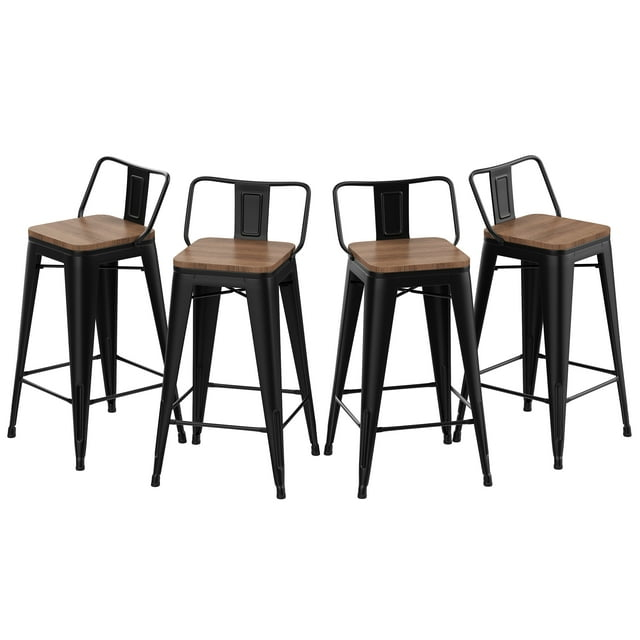 Killeryuki 24'' Metal Bar Stool 4PCS Low Back Conuter Stools for Indoor/Outdoor Barstools Metal Black Stools Bar Chairs w/Wooden Seat Metal Leg Industrial Counter Height Stools Black