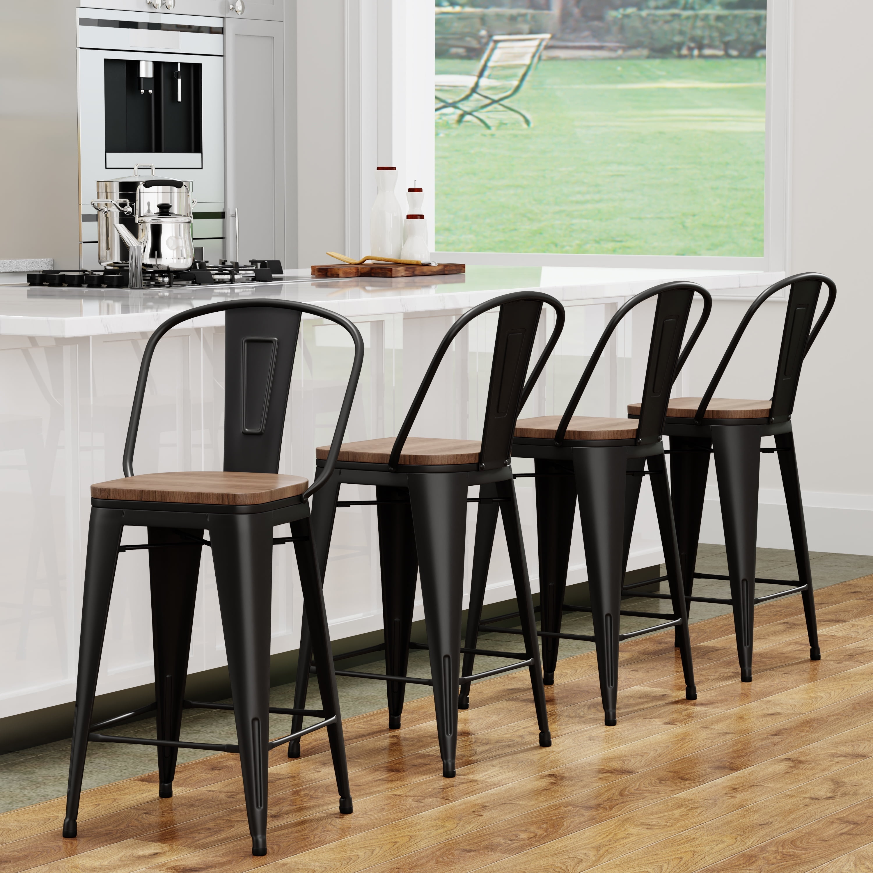 Stools Set of 4 Counter Height  Stools Metal Barstools with Removable Back 30" Kitchen  Stools with Wooden Seat