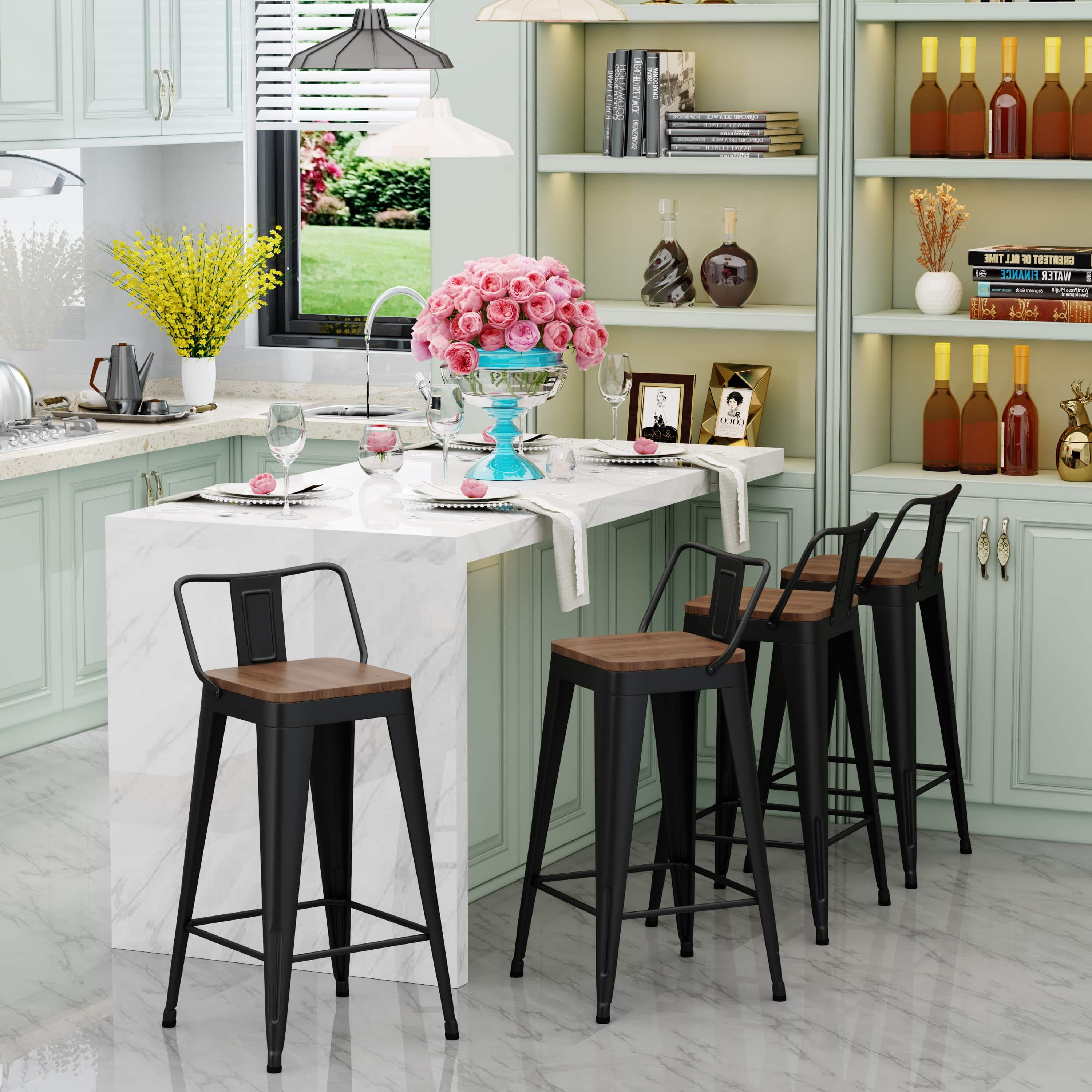 Stools Set of 4 Counter Height  Stools Metal Barstools with Removable Back 30" Kitchen  Stools with Wooden Seat