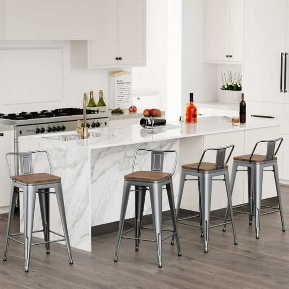 Andeworld bar stools with backs set of 4 Counter Bar Stools with Wood metal stools Silver. 24 inch Short