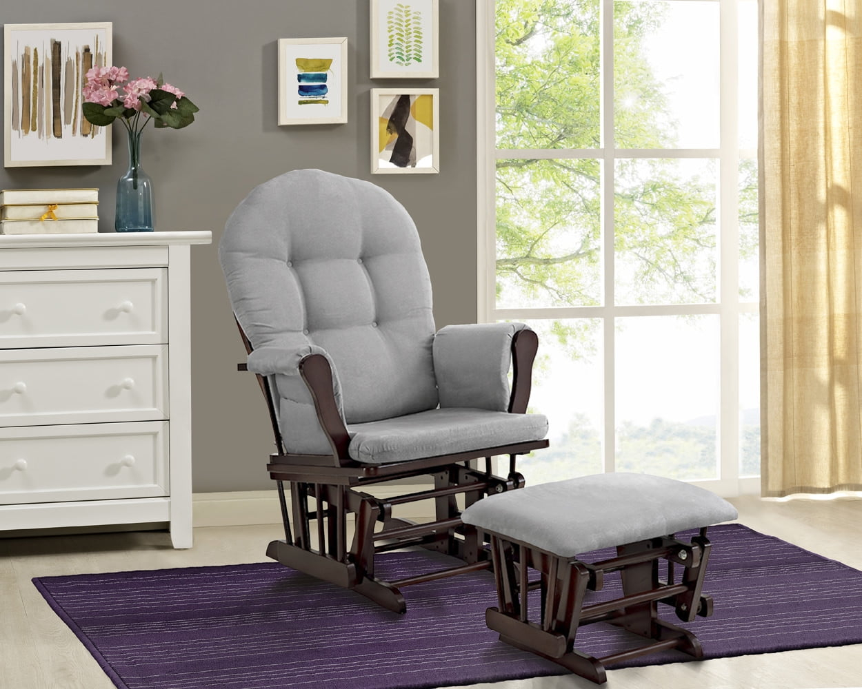 Angel Line Windsor Glider and Ottoman, Espresso Finish with Gray Cushions