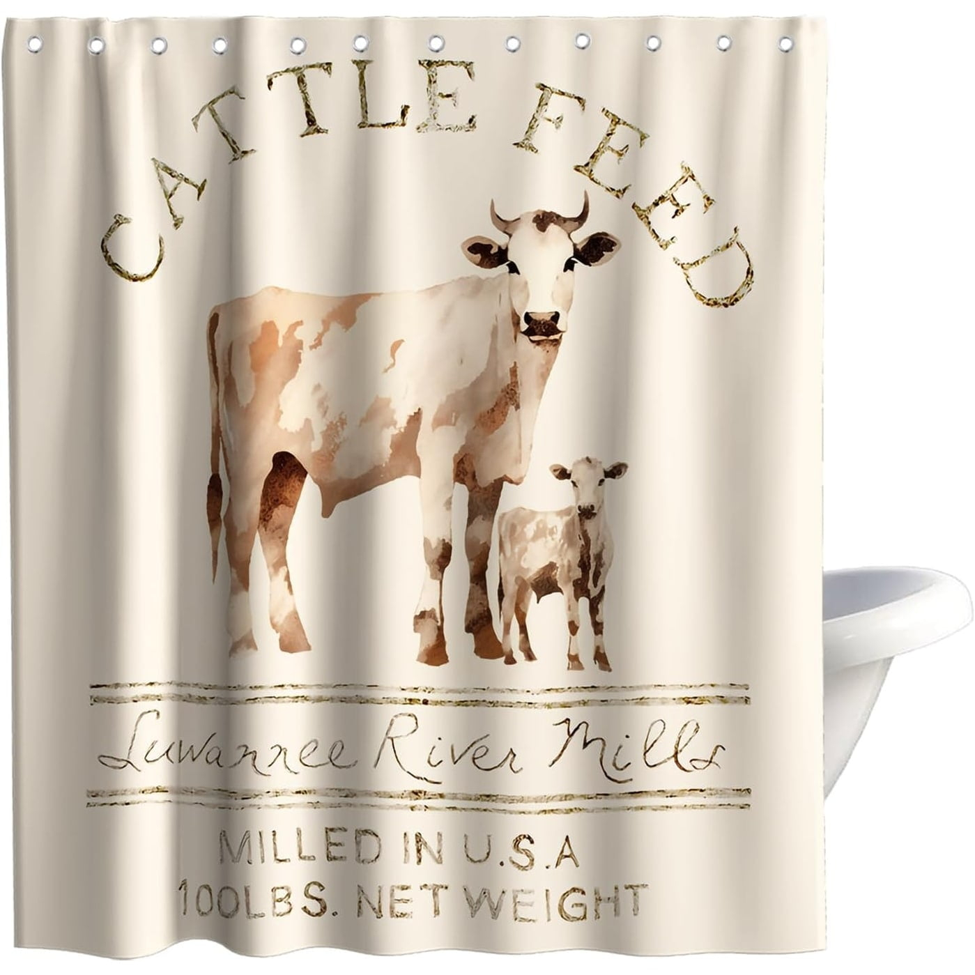 Animal Cattle Feed Cow Rustic Shower Curtain 72"x72" Ivory White Teal