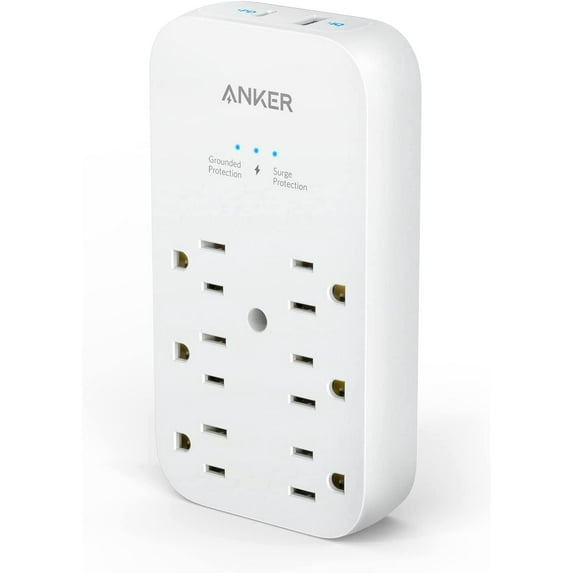 Anker Outlet Extender and USB Wall Charger, 6 Outlets and 2 USB Ports, 20W USB C Power Delivery High-Speed Charging iPhone 15/15 Plus/15 Pro/15 Pro Max, Multi-Plug for Dorm, Home, and Office, White