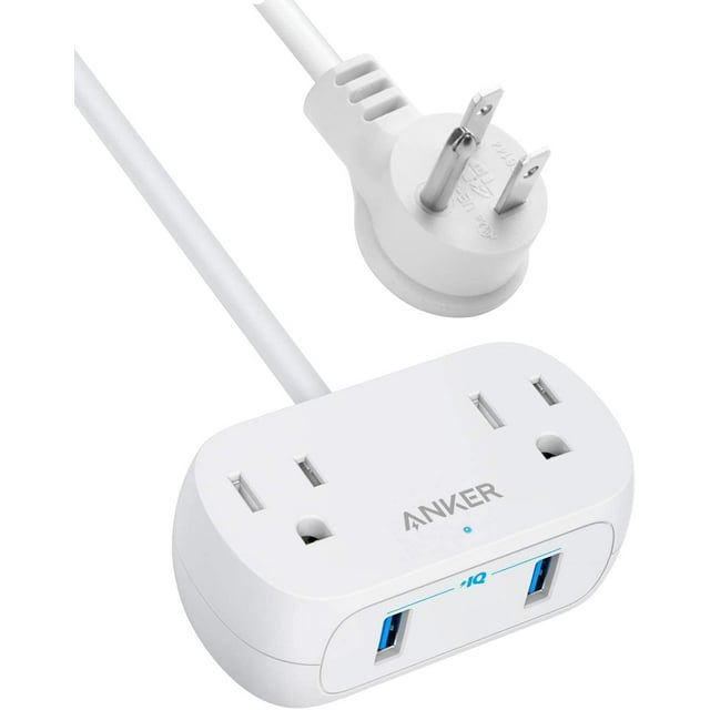 Anker Power Strip with USB PowerExtend USB 2 Mini, 2 Outlets, and 2 USB Ports, Flat Plug, 5 ft Extension Cord, White