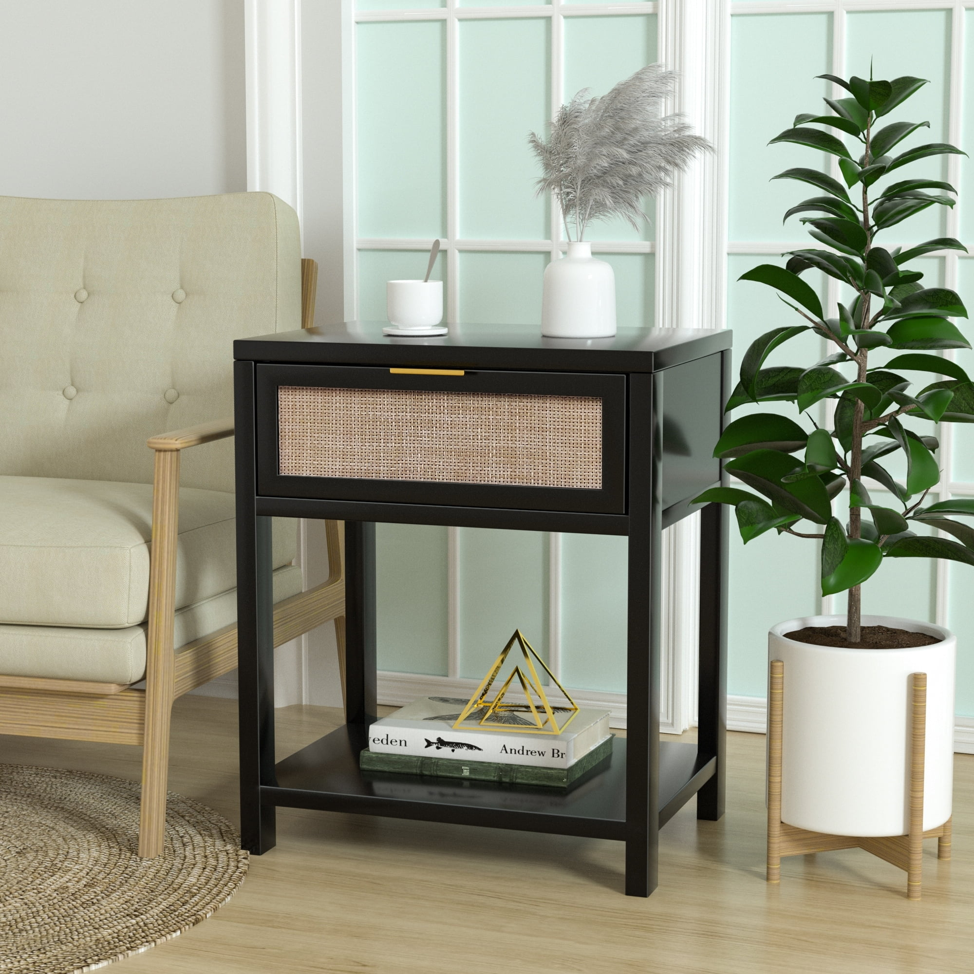 Eumyviv 24" H Wood Nightstand, Mid-Century Modern End Table with Storage Drawer, Rattan Bedside Table, Black Finished Sofa Side Table for Living Room Bedroom,H0020