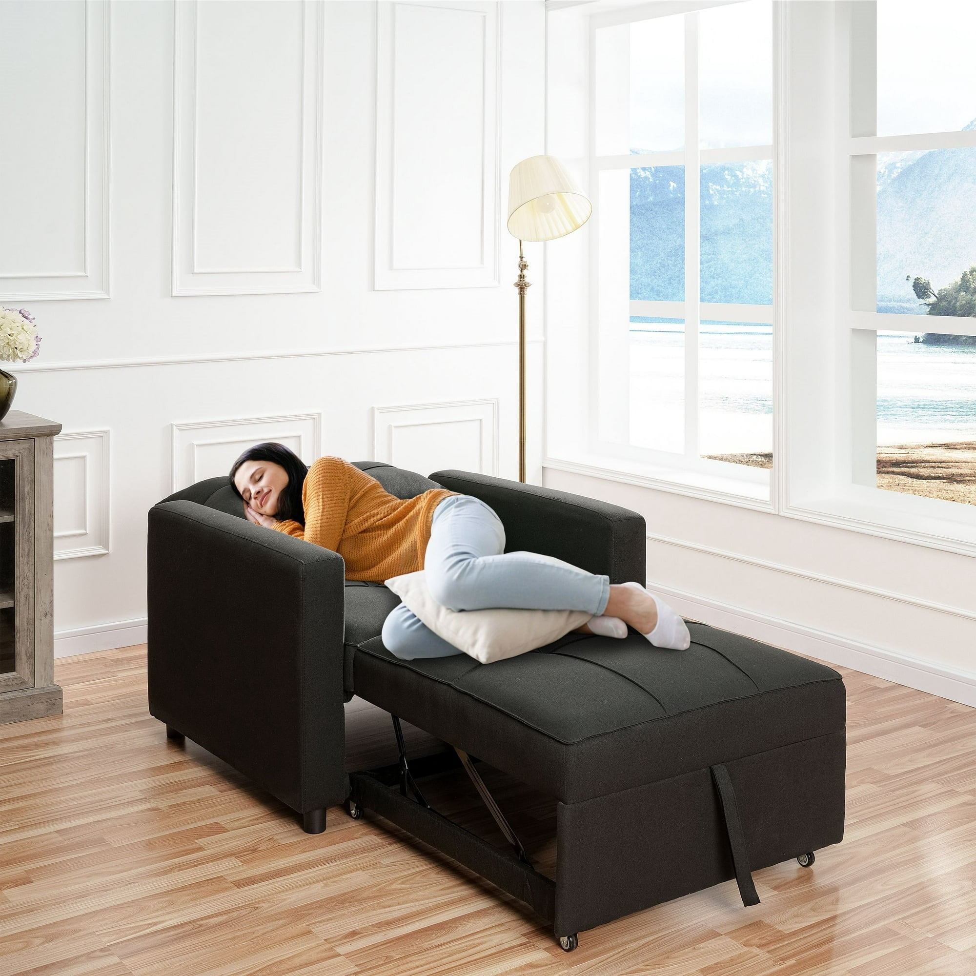 Anna 3 in 1 Convertible Chair Bed Sleeper, Pull Out Sofa Bed, Pull Out Couch, Sleeper Chair with with Pillow, Pull Out Bed with Adjustable Backrest Living Room - Black