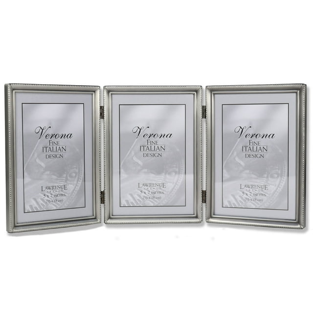 Antique Pewter 5x7 Hinged Triple Picture Frame - Bead Border Design