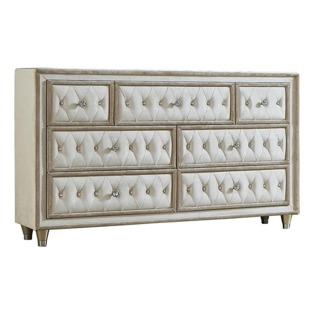 Coaster Antonella 7-Drawer Upholstered Velvet Dresser in Ivory and Camel