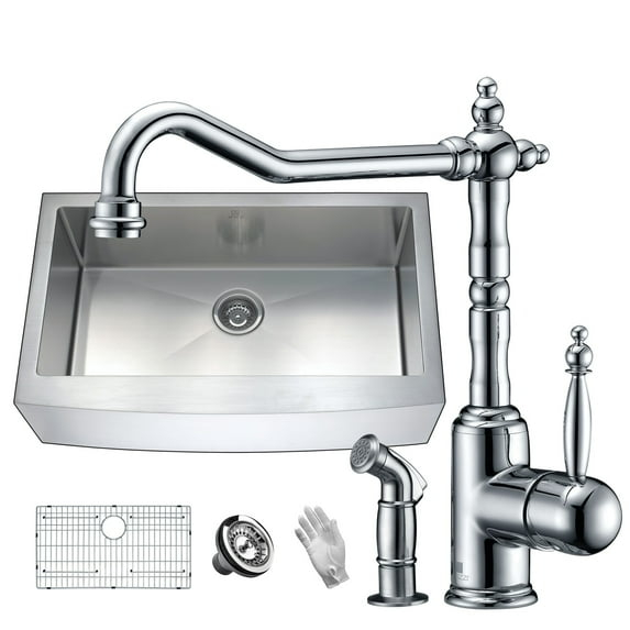 Anzzi  Elysian Farmhouse Single Bowl Kitchen Sink with Faucet - Polished Chrome