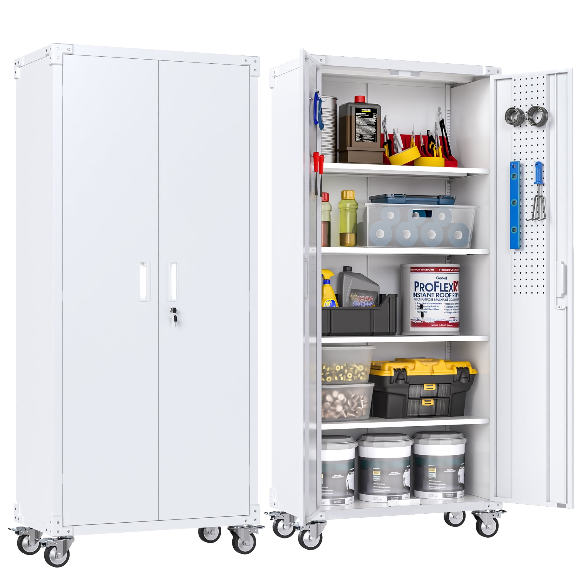 Aobabo Metal Storage Cabinet with Wheels & Pegboards,Office Storage Cabinet with Lock & Shelves,72'' H Steel Garage Cabinet for Office Home Storage,White Required-Assembly