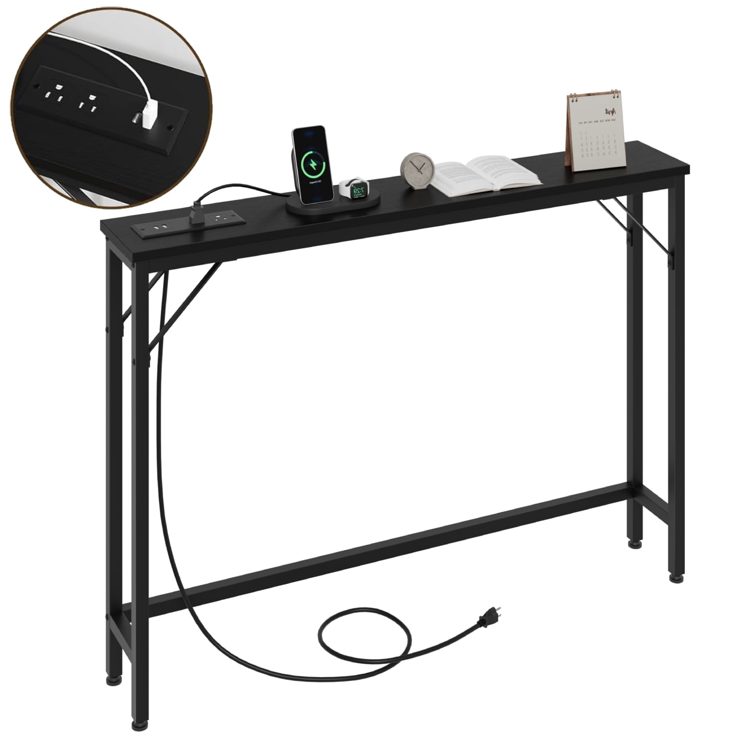 5.9" Narrow Sofa Table with Outlets, Skinny Console Table with Storage, Slim Behind Couch Table for Living Room, Entryway, Hallway, Foyer - Black