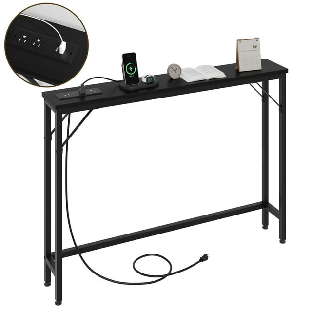 5.9" Narrow Sofa Table with Outlets, Skinny Console Table with Storage, Slim Behind Couch Table for Living Room, Entryway, Hallway, Foyer - Black