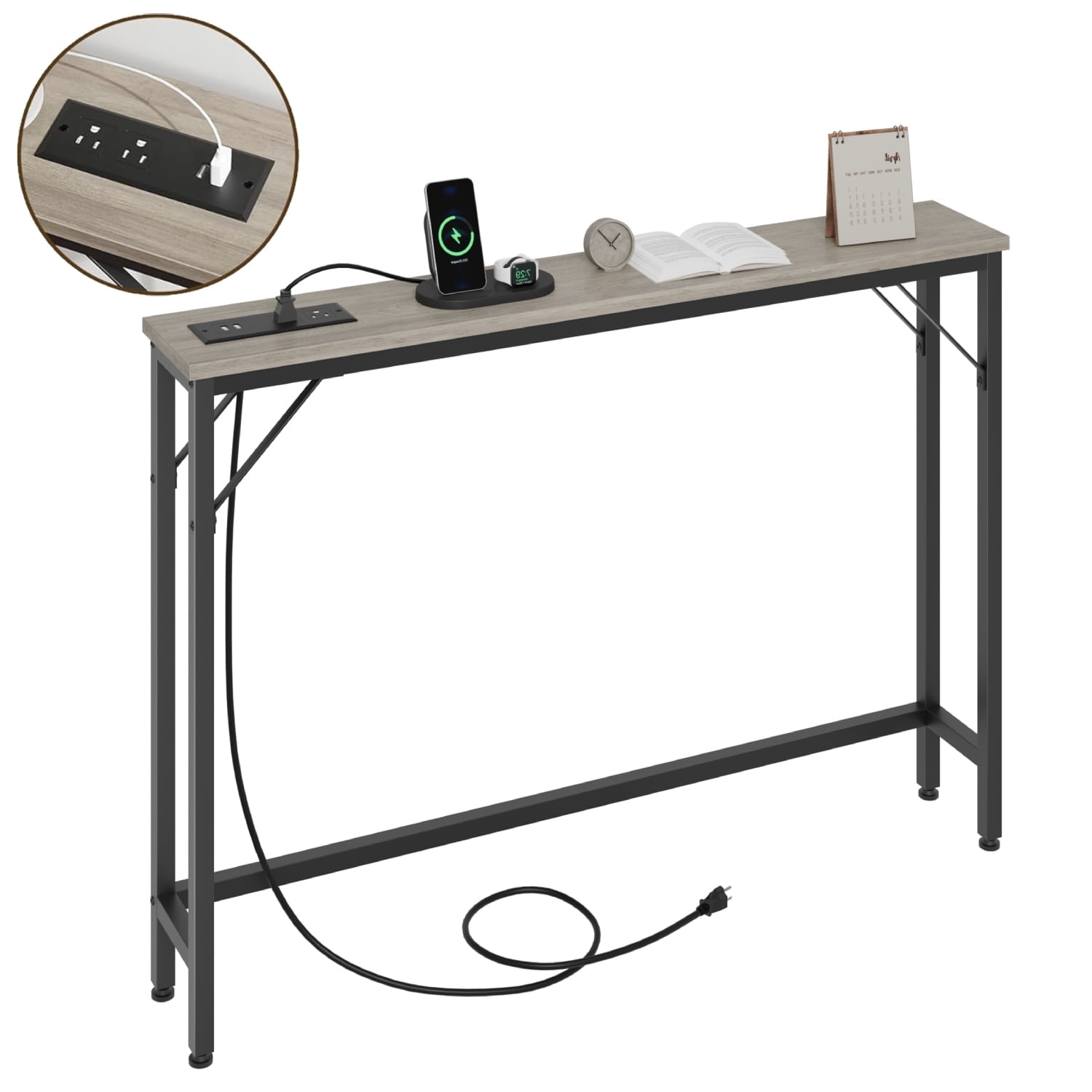 39.3" Narrow Sofa Table with Outlet and USB Port, Console Behind Couch Side Table for Living Room, Foyer, Hallway, Entry, Gray