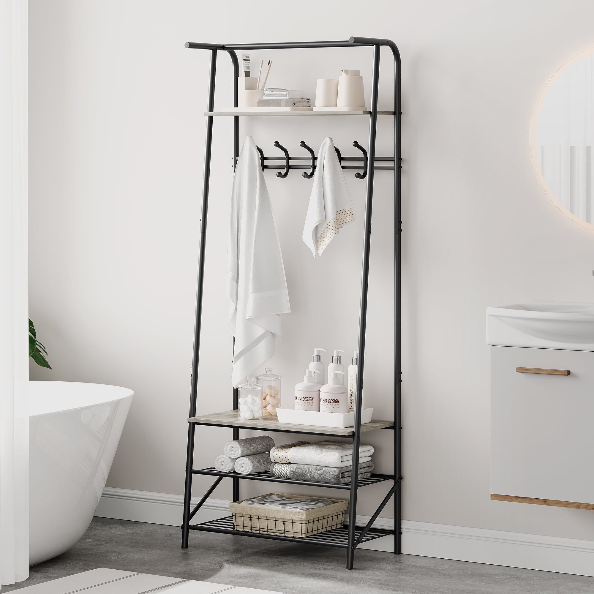 Aoile 4 in 1 Hall Tree with Shoe Storage Bench, Freestanding Coat Rack Stand with 5 Hooks for Entryway, Living Room, Bedroom, Bathroom (Gray)