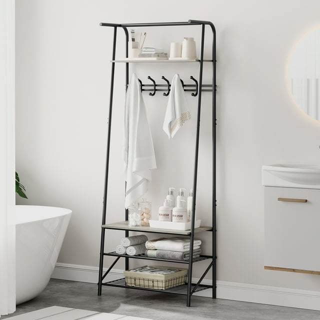 Aoile 4 in 1 Hall Tree with Shoe Storage Bench, Freestanding Coat Rack Stand with 5 Hooks for Entryway, Living Room, Bedroom, Bathroom (Gray)