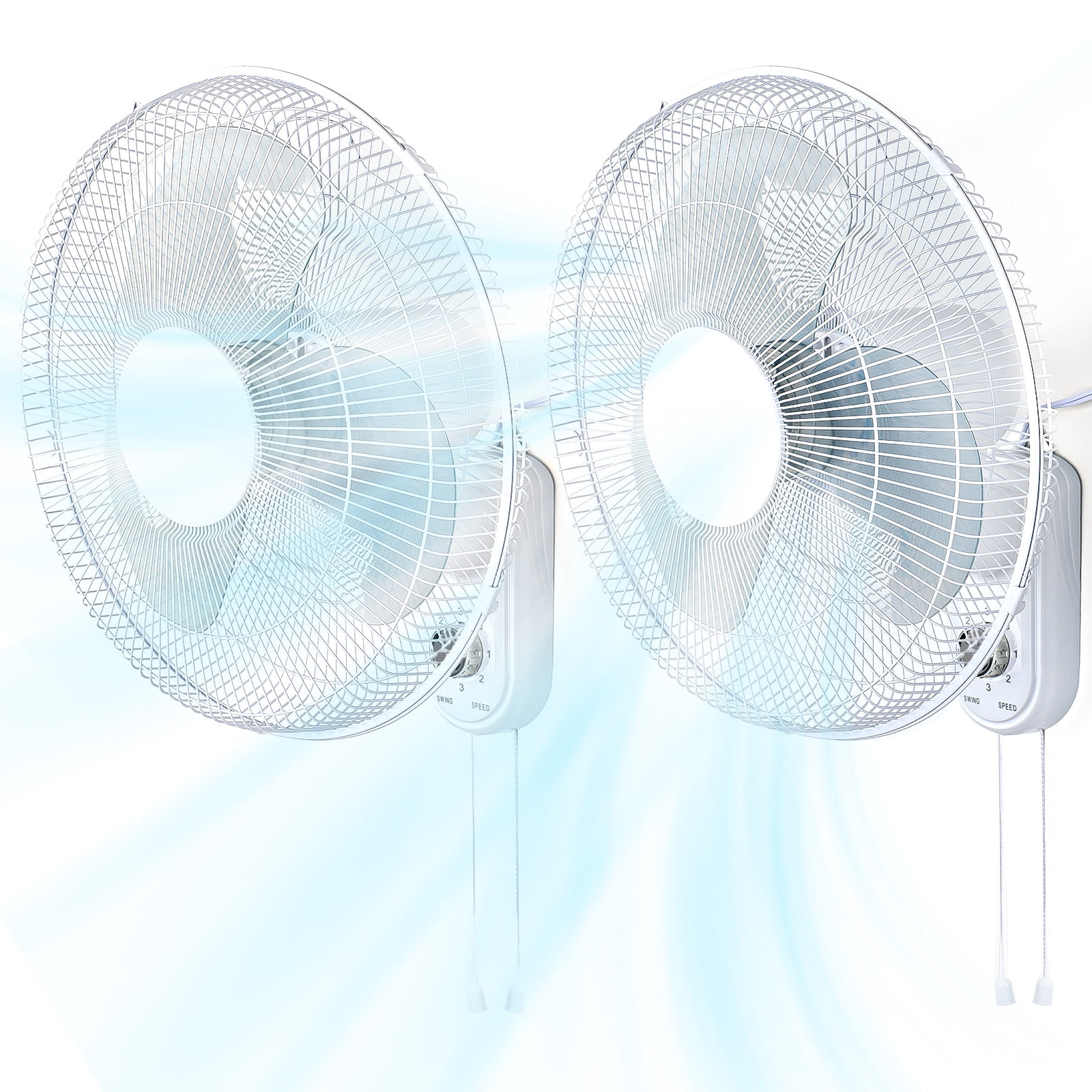 Aottop 16-Inch White Wall Mount Fan with Pull Chain and Knob Control, 2-Pack | 3 Speeds,Oscillating,Ideal for Bedroom, Living Room, and Office