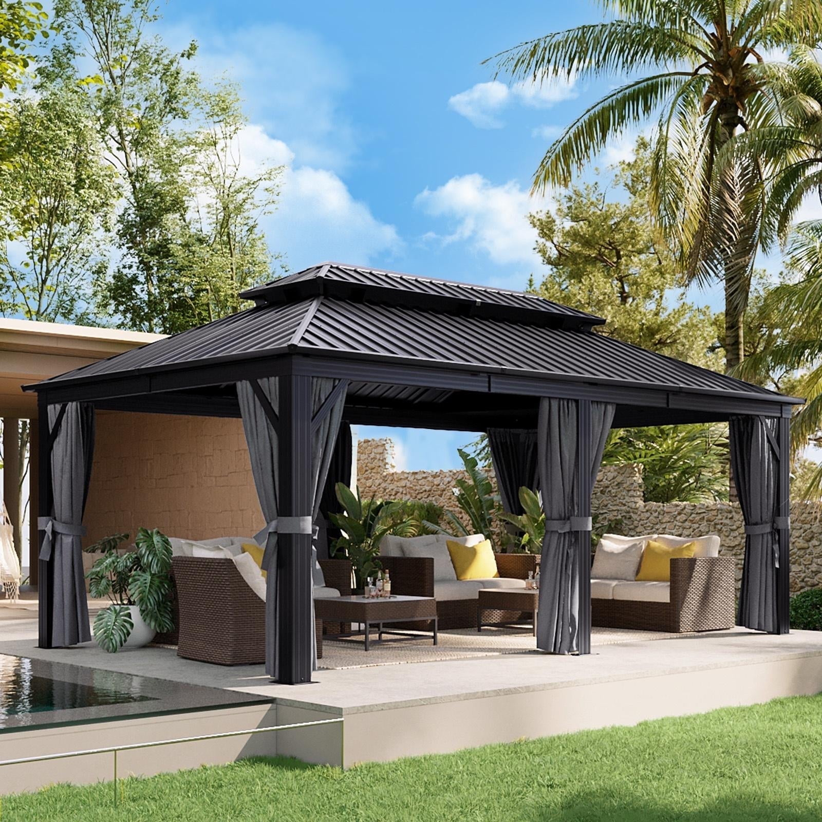 Aoxun 12x20 Hardtop Gazebo, Outdoor Galvanized Steel Double Roof Canopy with Netting and Curtains for Garden, Patio, Lawns, Gray