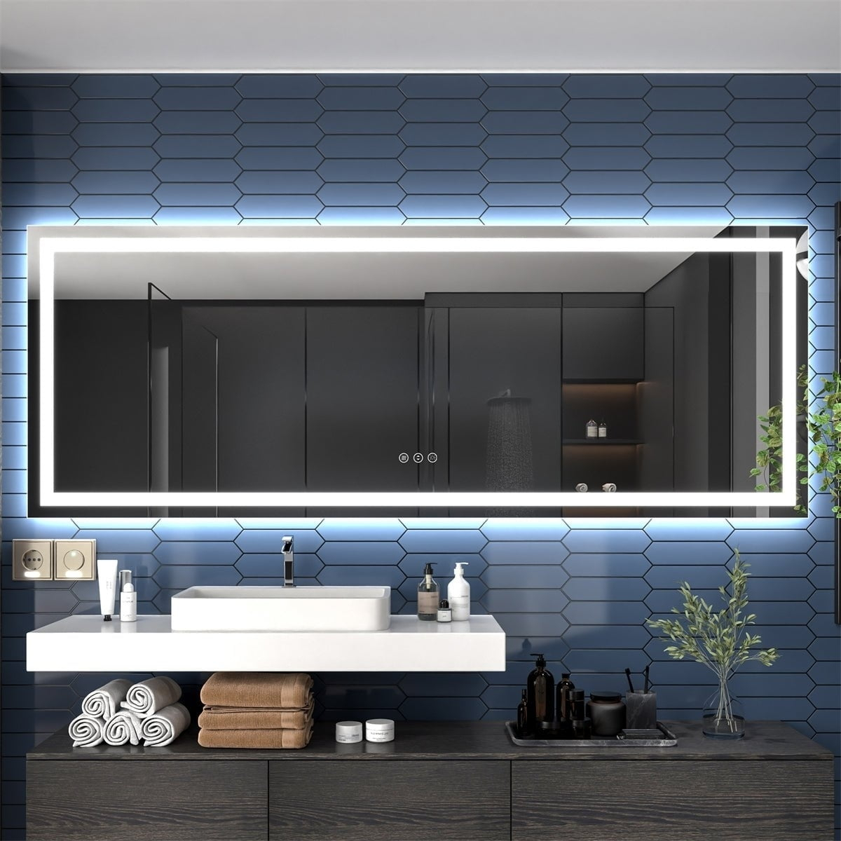 Apex 96" W x 36" H Dimmable LED Bathroom Mirror Anti-Fog Dual Lighting Tempered Glass