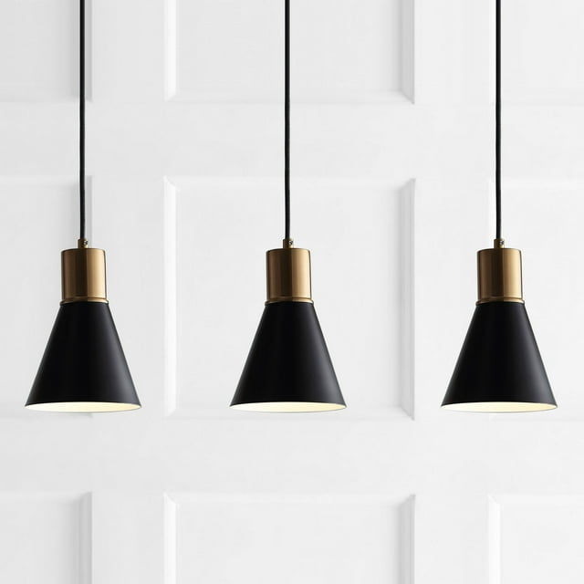 Apollo 33.5" 3-Light Mid-Century Modern Iron Adjustable Linear LED Pendant, Black/Brass Gold