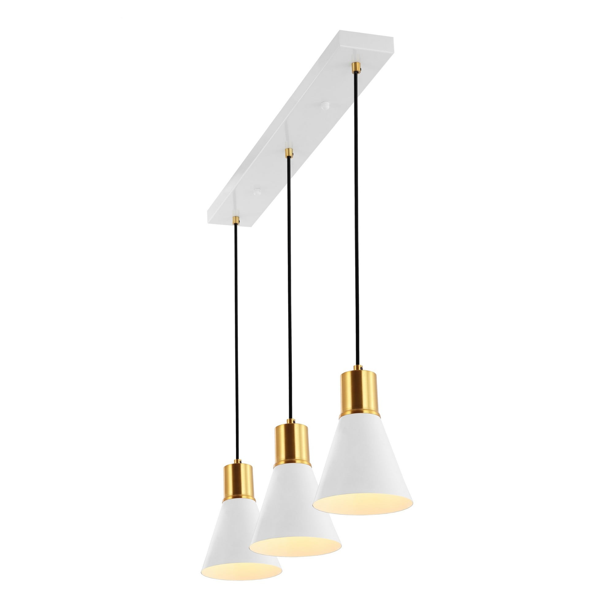 Apollo 33.5" 3-Light Mid-Century Modern Iron Adjustable Linear LED Pendant, White/Brass Gold