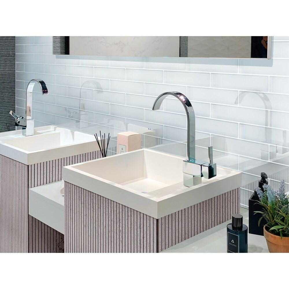 Apollo Tile   20 Pack 3-in x 12-in White Rectangular Subway Glossy Finished Glass Mosaic Wall Tile (5 sq ft/case)