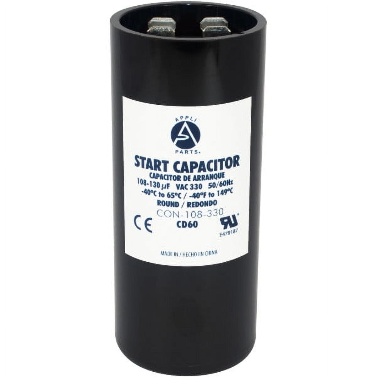 Appli Parts motor start capacitor 108-130 Mfd (microfarads) uF 330 VAC universal fit for electric motor applications 1-7/16 in Wide 3-3/8 in Height CON-108-330