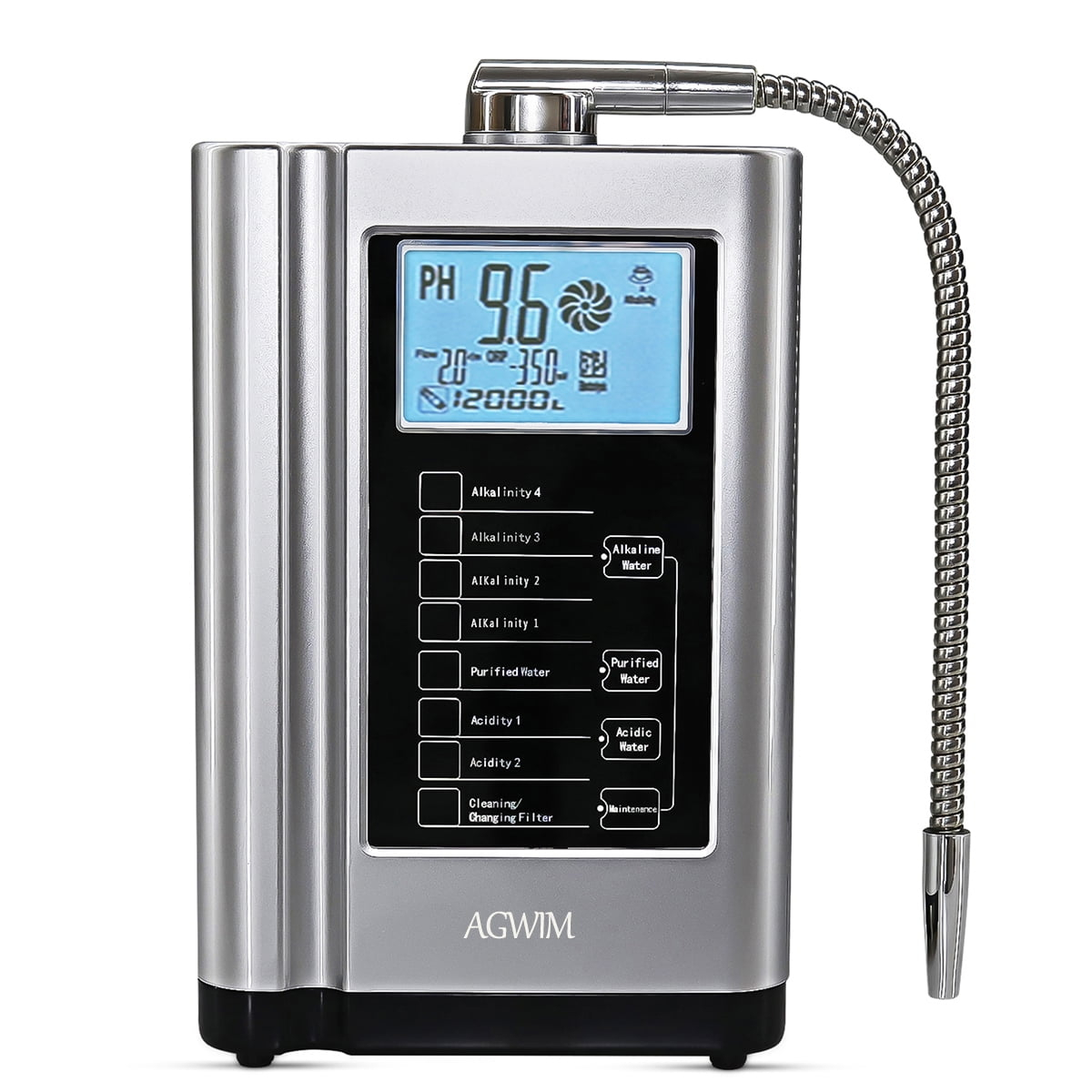 AquaGreen Alkaline Water Ionizer Machine AG7.0, Home Filtration System Produces pH 4-10.5 Water, 7 Water Settings, Up to -570mV ORP, 8000L Per Filter, Silver