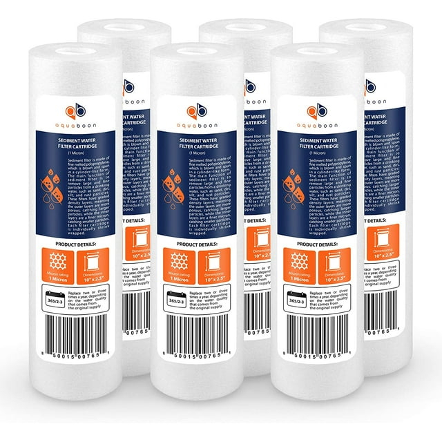 Aquaboon 6-Pack of 1 Micron 10" Sediment Water Filter Replacement Cartridge for Any Standard RO Unit | Whole House Sediment Filtration | Compatible with DuPont WFPFC5002, Pentek DGD series, RFC
