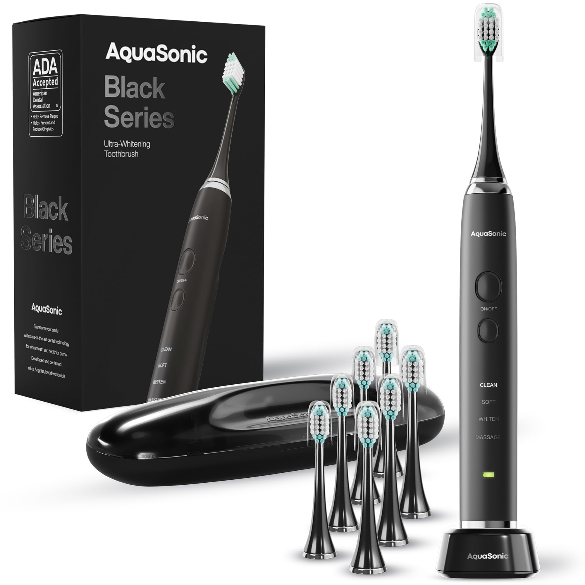 AquaSonic Black Series Electric Toothbrush - Rechargeable, 4 Modes, Travel Case, 8 Brush Heads